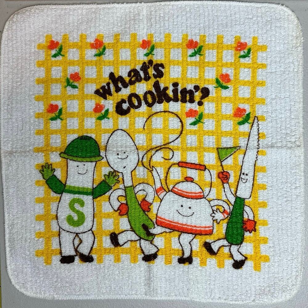 Vintage Cooking Utensils Terry dishcloth wash cloth  "What's Cookin" New Cannon